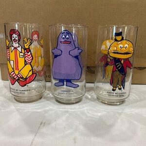 McDonald's collector glasses featuring Ronald, Grimace and Hamburgler. 1970’s